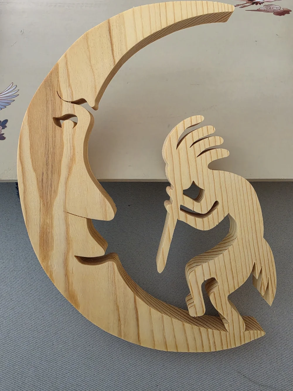 Wood Crescent Moon Face & Kokopelli Figurine Carved Free Standing 7in x 5in